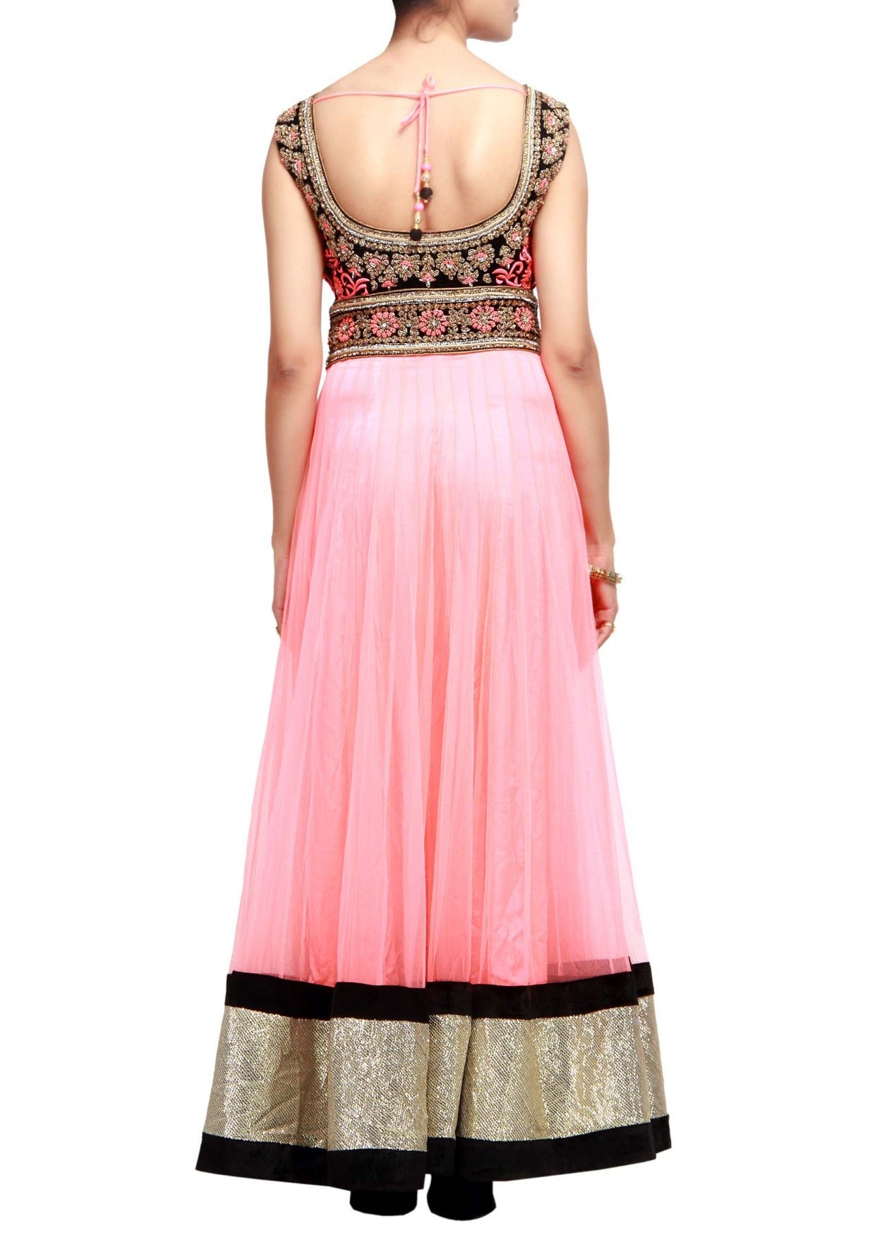 Pinkish peach anarkali suit with embroidered yoke