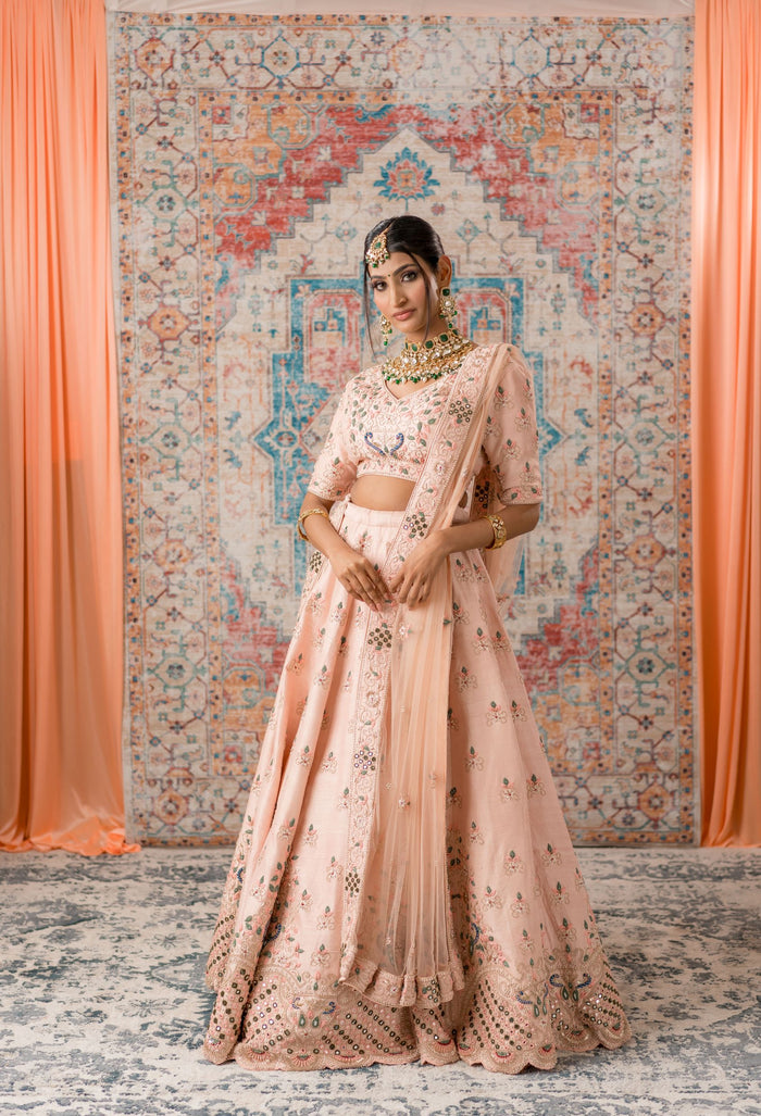 Pastel Pink Color Thread and Mirror Work Lehenga