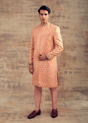 Peach Color Wedding Sherwani in Banarasi Silk