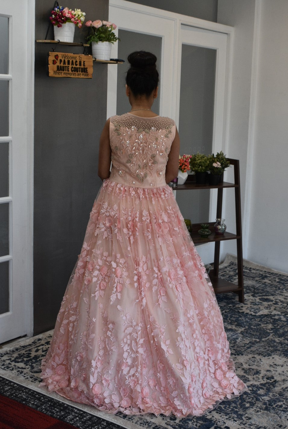Peach Pink Strapless Tulle See Through Sheer Prom Dress
