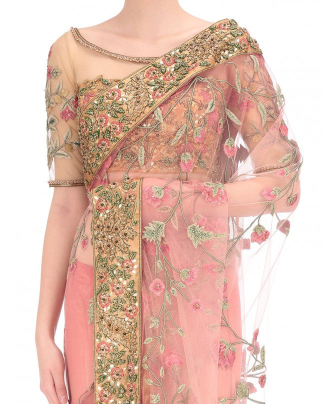 Peach color designer saree in thread embroidery