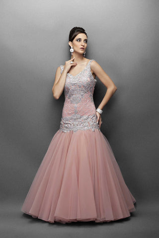 Dusty Pink Gown with Silver Work in Long Fitted Bodice