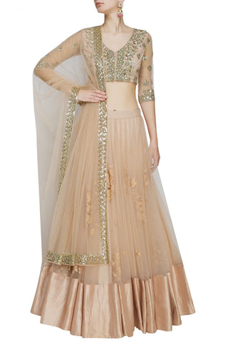 Peach lehenga with gold embroidery blouse