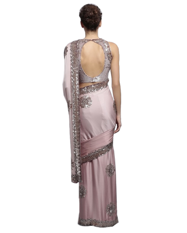 Pink designer saree in satin by Panache Haute Couture