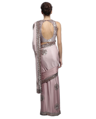 Pink designer saree in satin by Panache Haute Couture