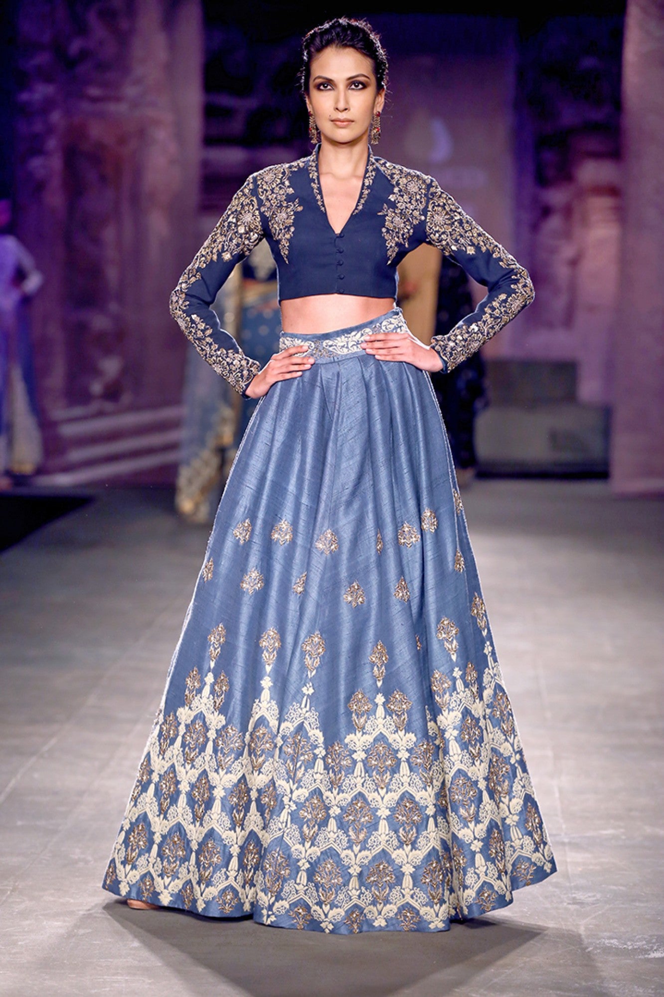 Powder blue lehenga skirt with Navy blue embroidered blouse