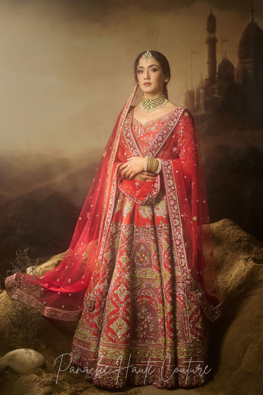 Razia Sultan Red Dupion Silk Bridal Lehenga | Panache Haute Couture