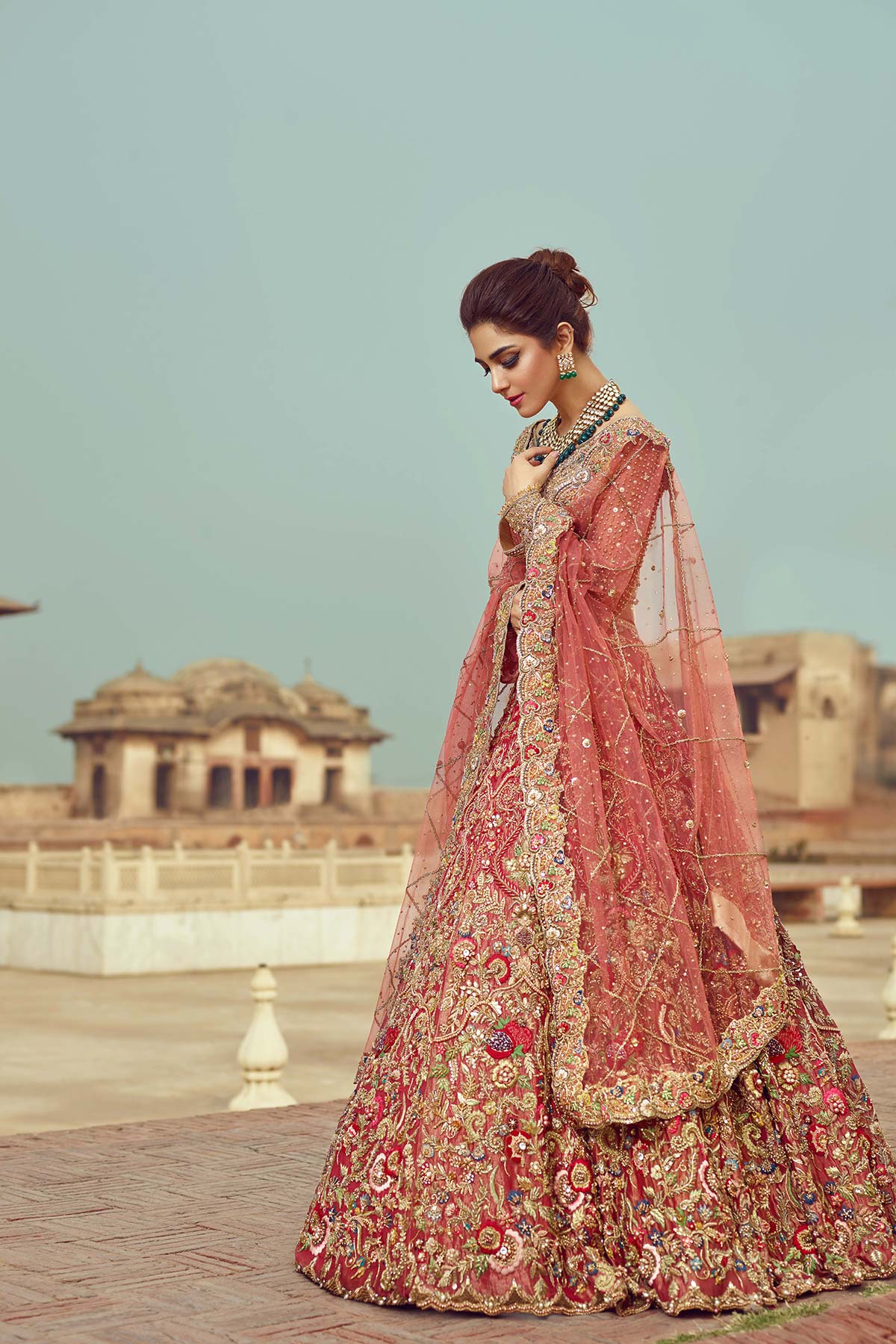 Silk Organza with zardozi embroidery Coral Red Wedding Lehenga Silk Organza with zardozi embroidery Coral Red Wedding Lehenga