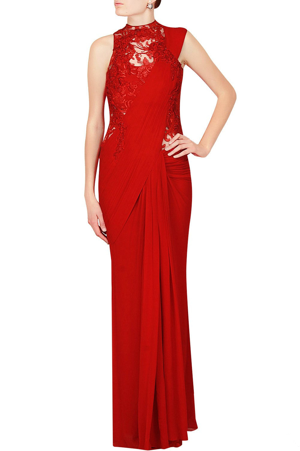 Red Colour Crepe Designer Saree Gown Online