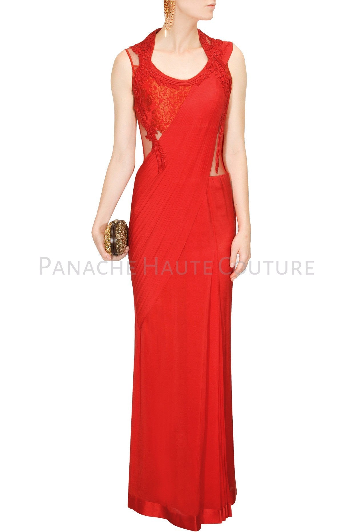 Buy Kaaisha by Shalini Gold Italian Lycra Corset Draped Saree Gown Online |  Aza Fashions | Indian wedding outfits, Indian fashion dresses, Saree look