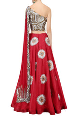 Red Color Lehenga with One Shoulder Blouse