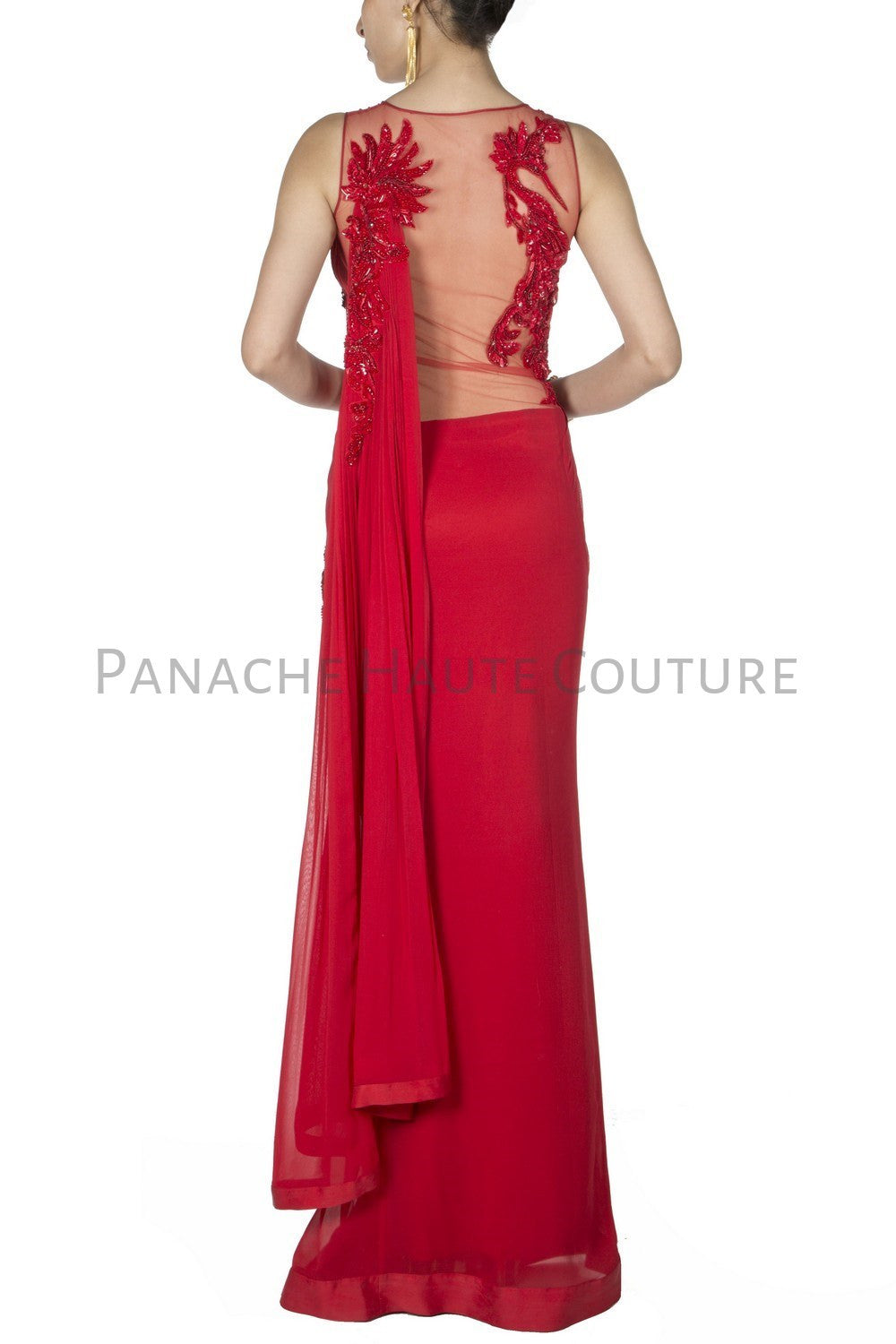 Red Colour Chiffon Designer Saree Gown1