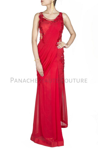 Red Colour Chiffon Designer Saree Gown