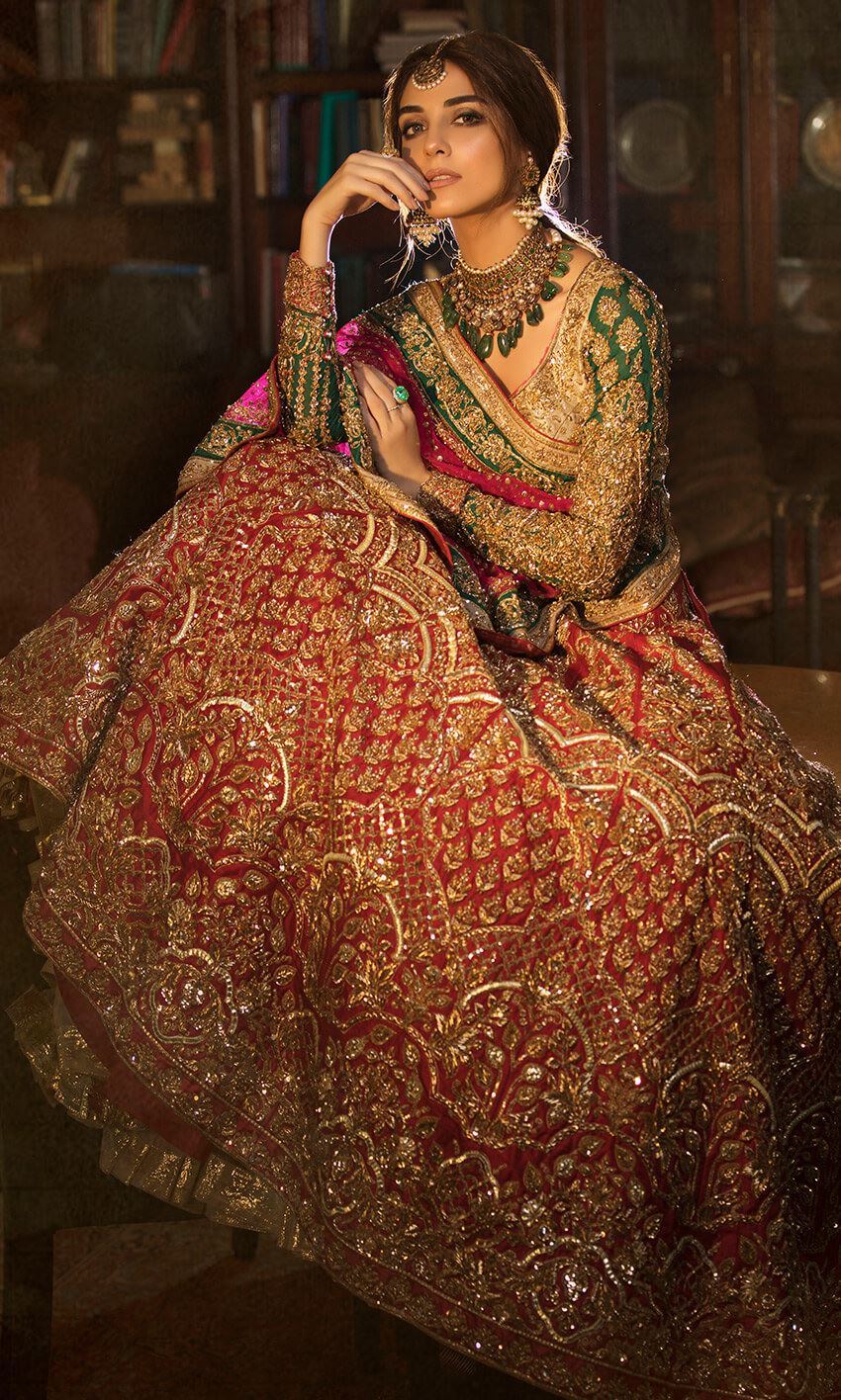 Buy Red And Dark Green Banarasi Silk Lehenga Choli | Designer Lehenga Choli