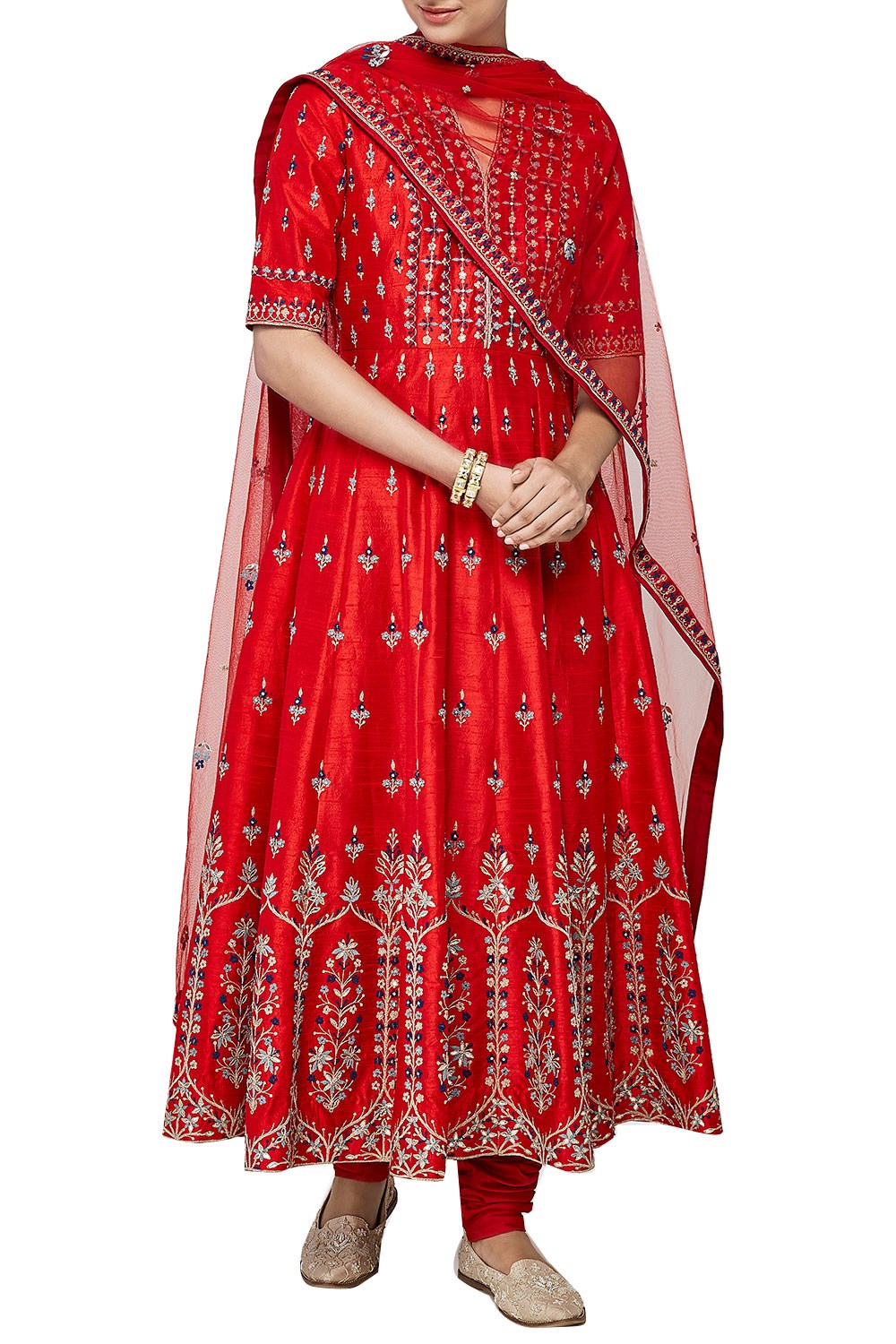 Red Color Anarkali in Dupion Silk