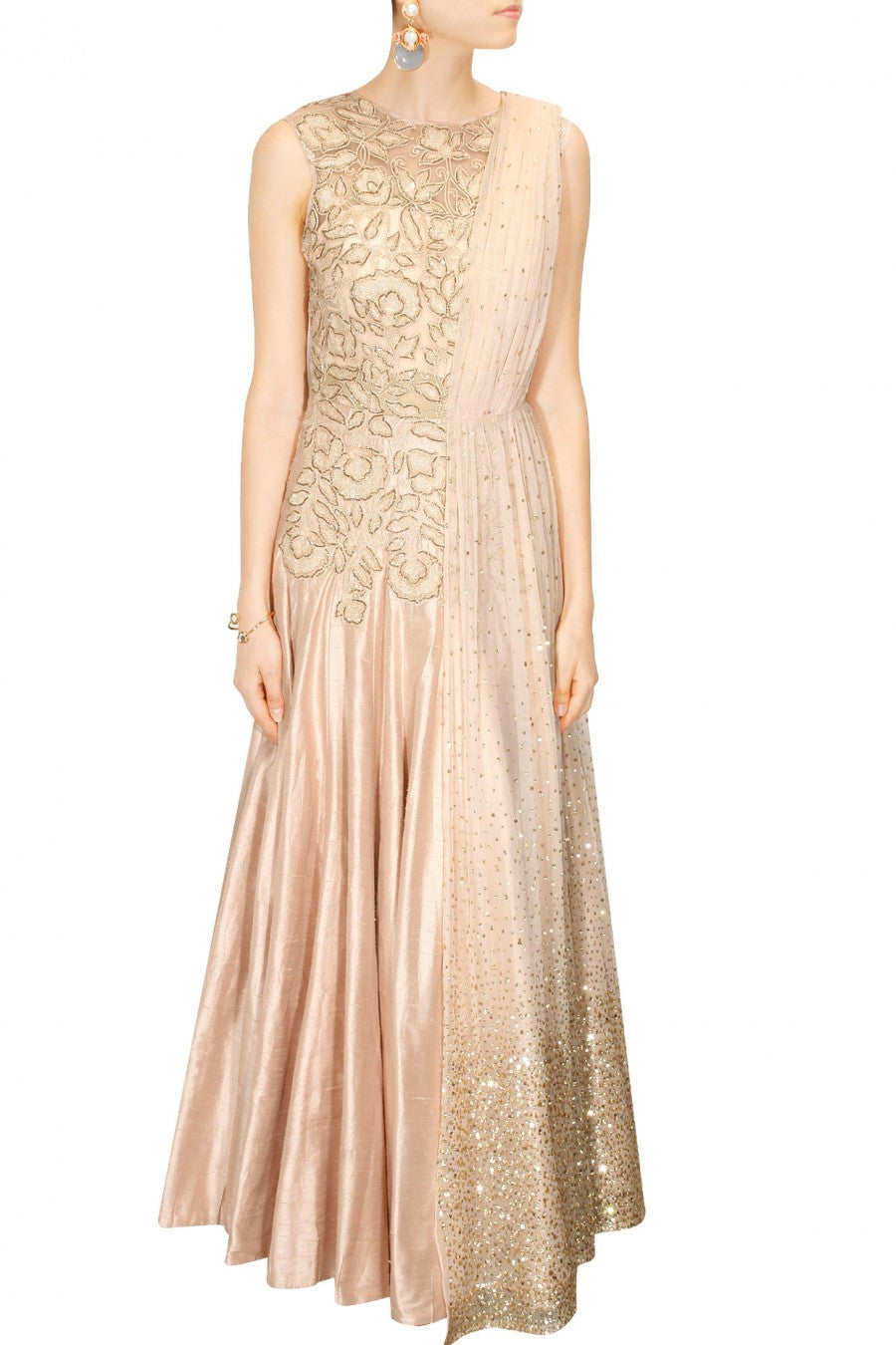 Hand Embroidered Art Silk Gown with Attached Dupatta in Peach : TUY205