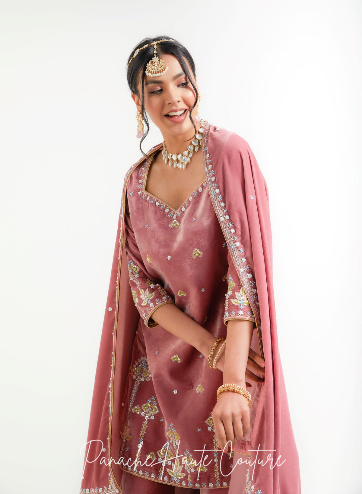 Yalina Rose Pink Velvet Sharara Set | Luxury Bridal Couture Ensemble
