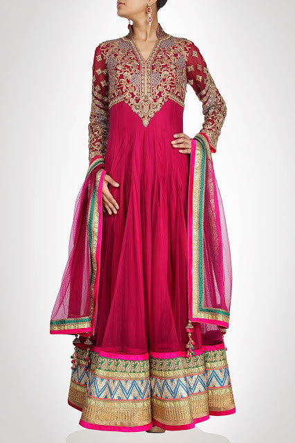 Rose pink long length anarkali suit with pink border available online