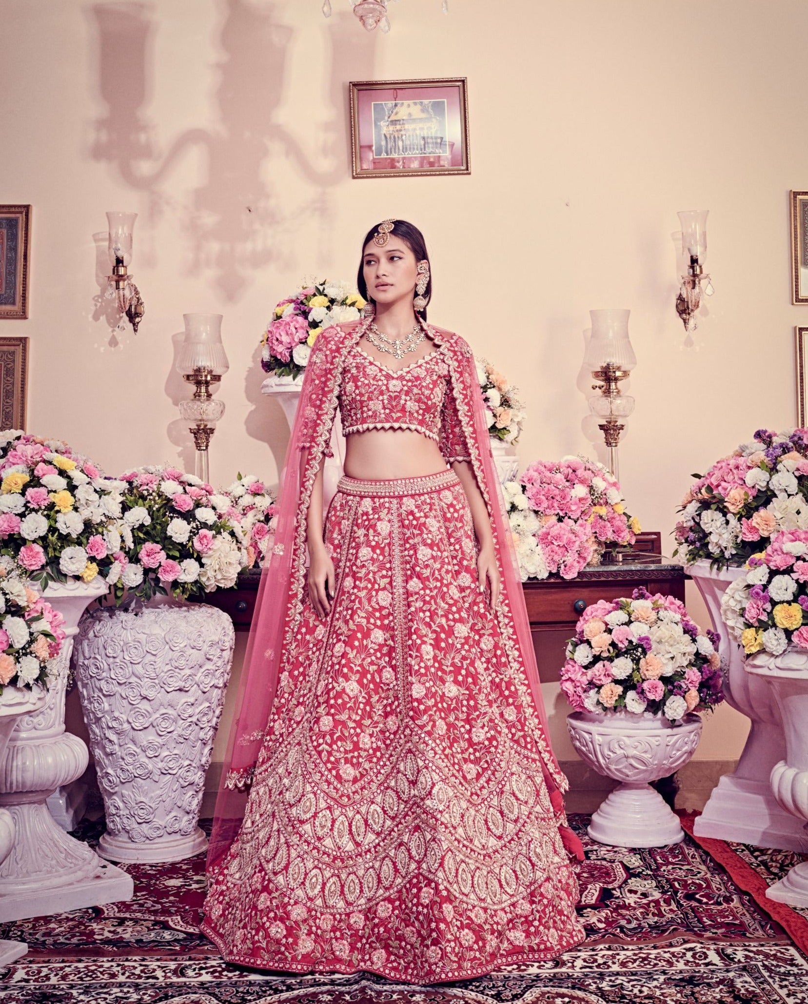 Buy Bridal Wear Hot Pink Embroidery Work Banarasi Silk Lehenga Choli Online  From Surat Wholesale Shop.