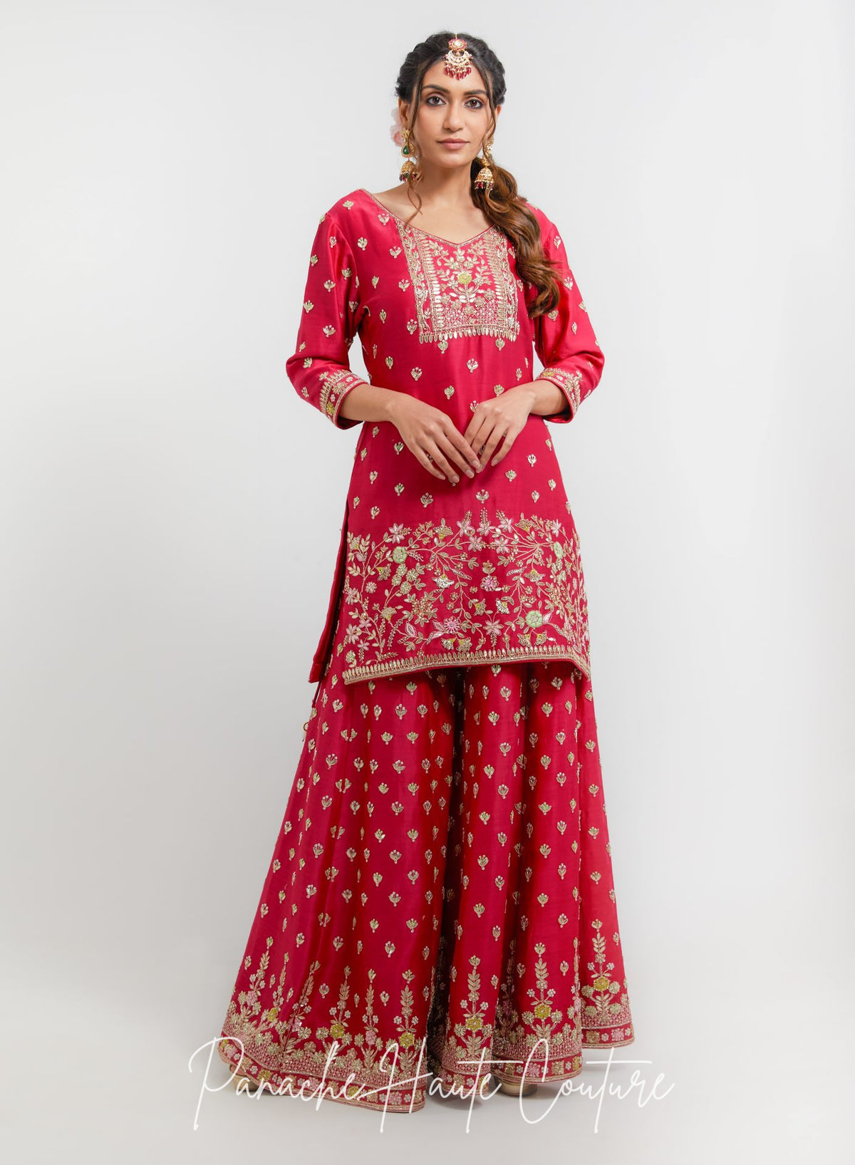 Ruby Pink Chanderi Silk Sharara Set with Silk Organza Dupatta – Rupvati