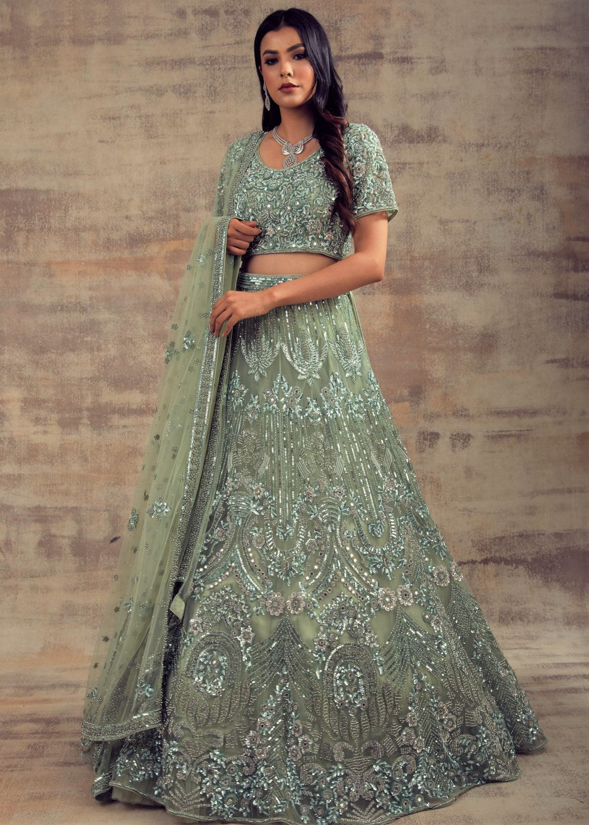 Sage Green Color Wedding Lehenga Bahar