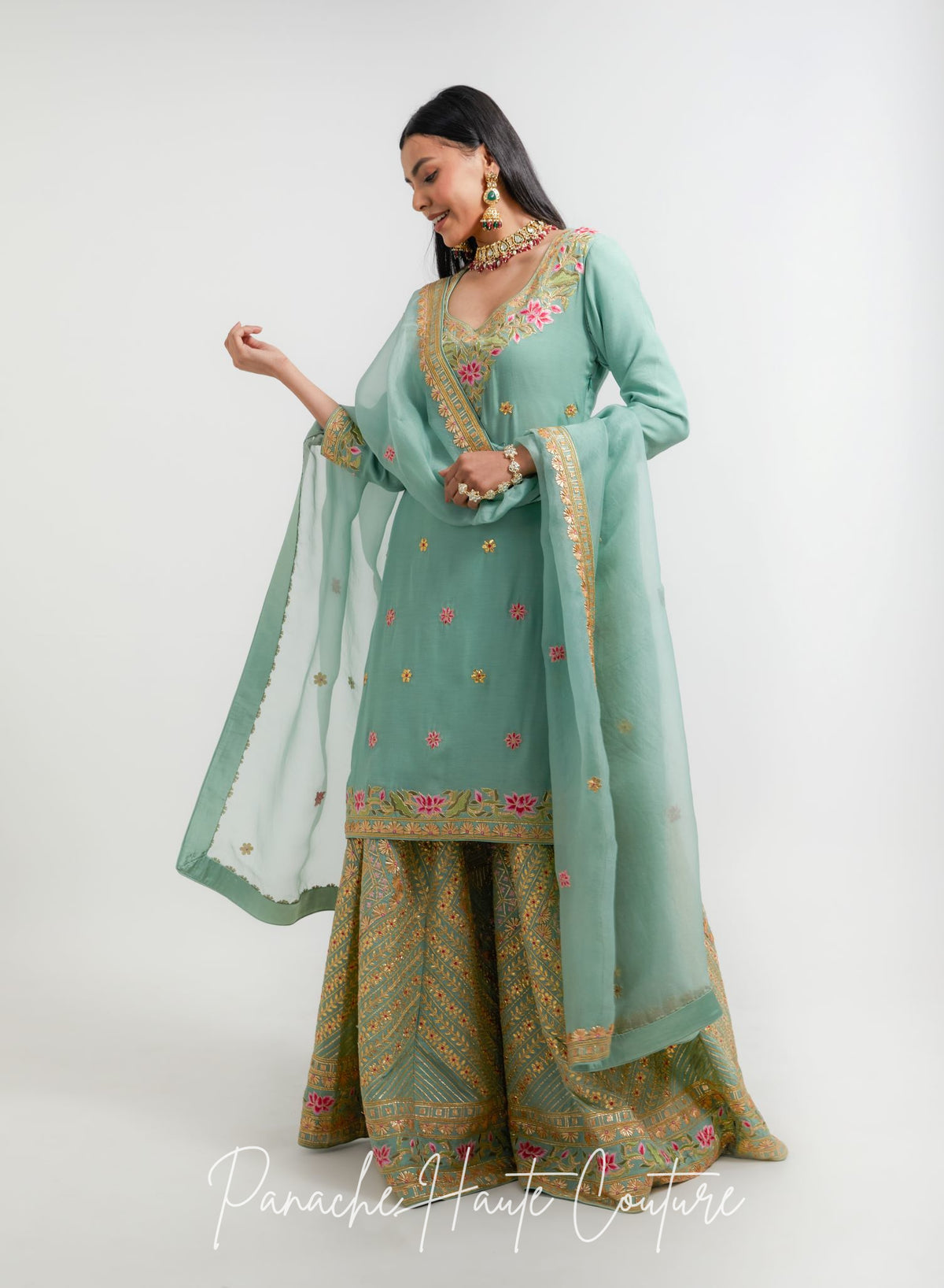 Sage Green Chanderi Sharara Set with Resham Gotta Embroidery – Rahmat