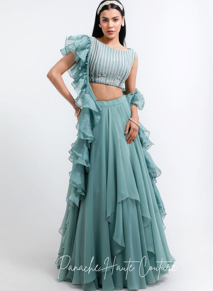 Dusty Pink Color Tiered Skirt with Crop Top