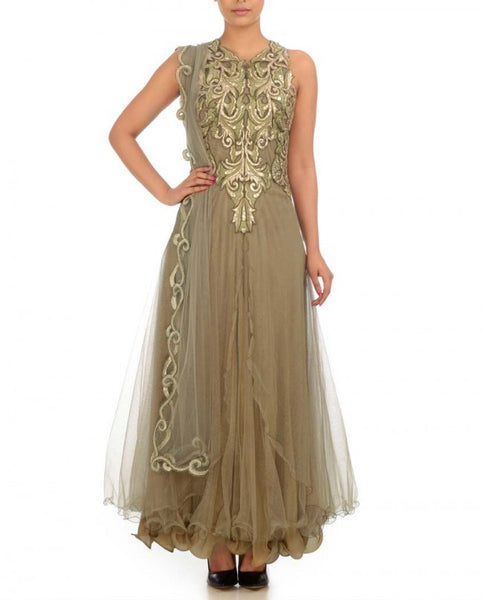 Shimmer net frock suit in beige color