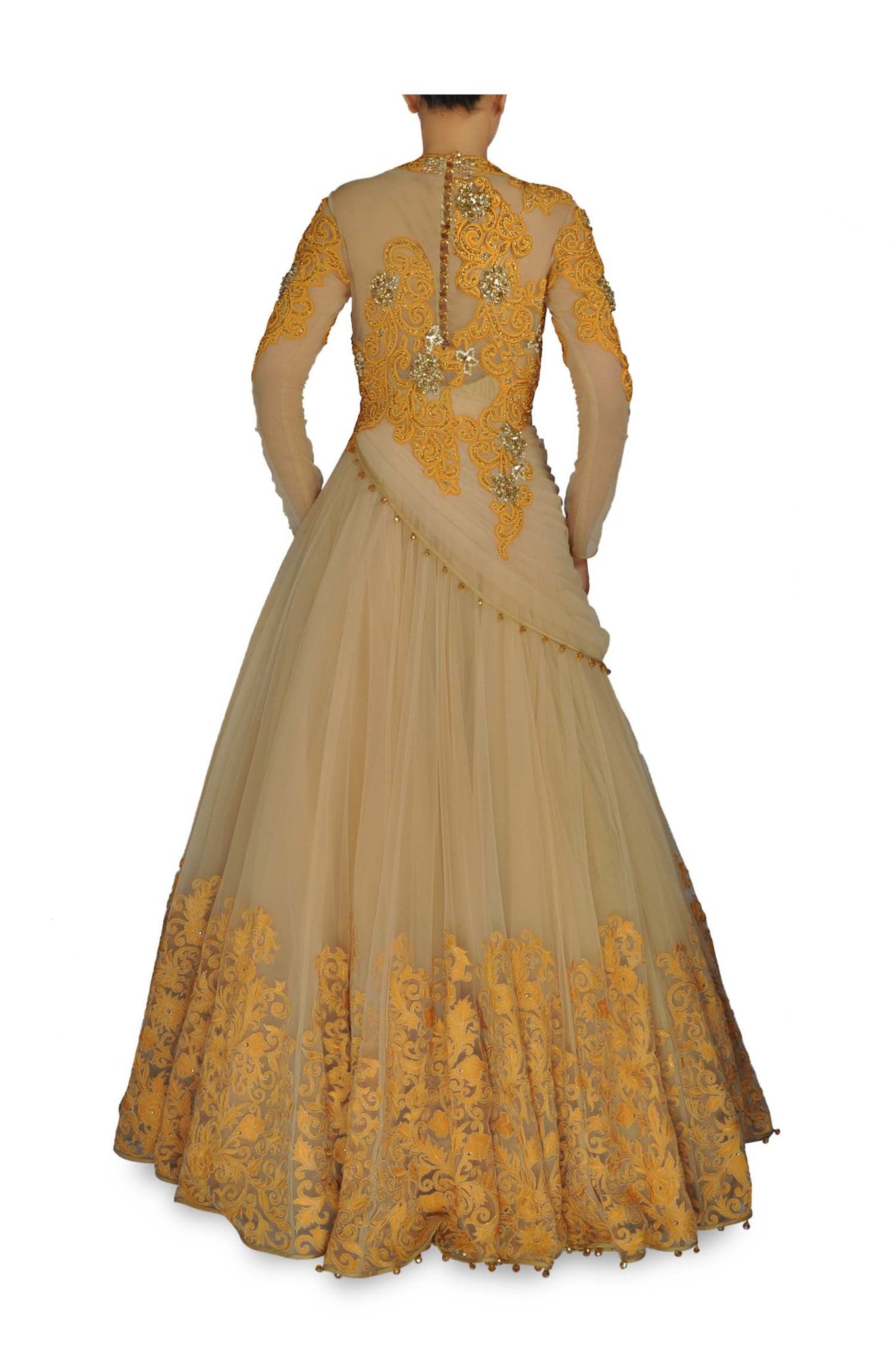 Yellow Color Mirror Work Satin Base Partywear Gown
