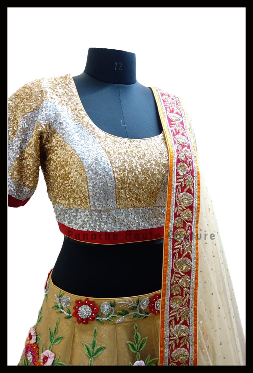 Stunning Party-wear Gold Lehenga with Thread and Hand Embroidery 