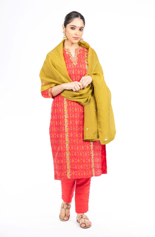 Stunning Red Color Ikkat Raw Silk Salwar Kameez