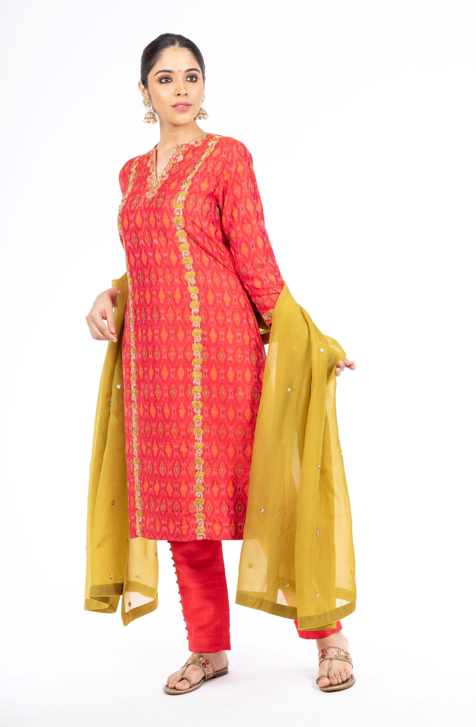 Stunning Red Color Ikkat Raw Silk Salwar Kameez