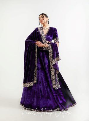 Close-up of hand embroidery and sequin work on violet silk velvet Niya lehenga blouse
