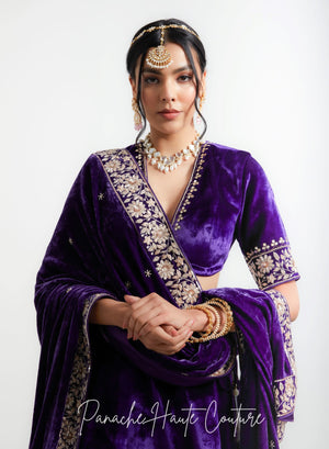 Back view of violet silk velvet lehenga set with hand-embroidered shawl, Sensual Shadows Collection