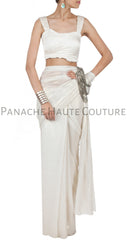 White Color Crepe Designer Saree Gown Online