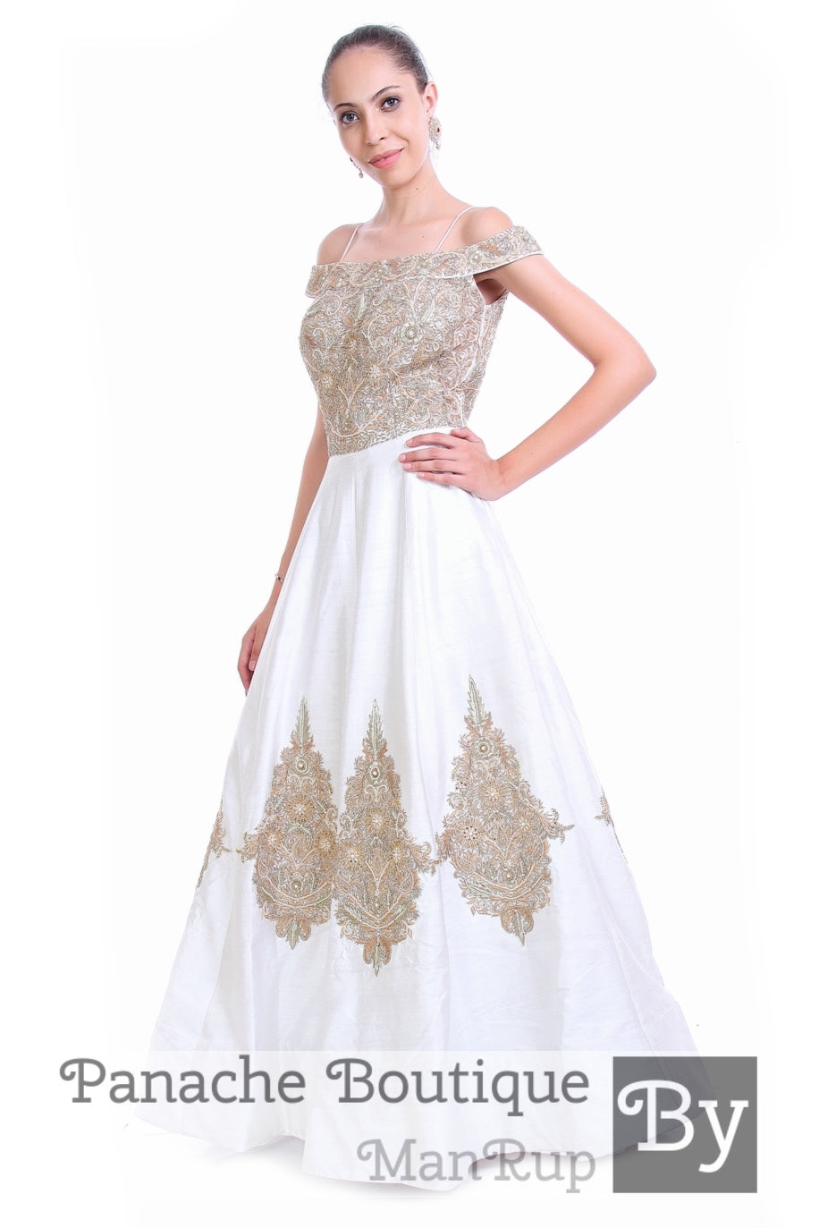 impressive designer off white colour digital printed ready made gown