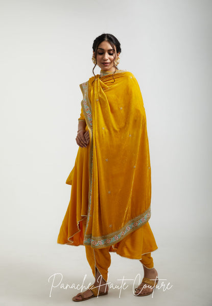 Yellow Color Silk Velvet Shawl – Panache Haute Couture