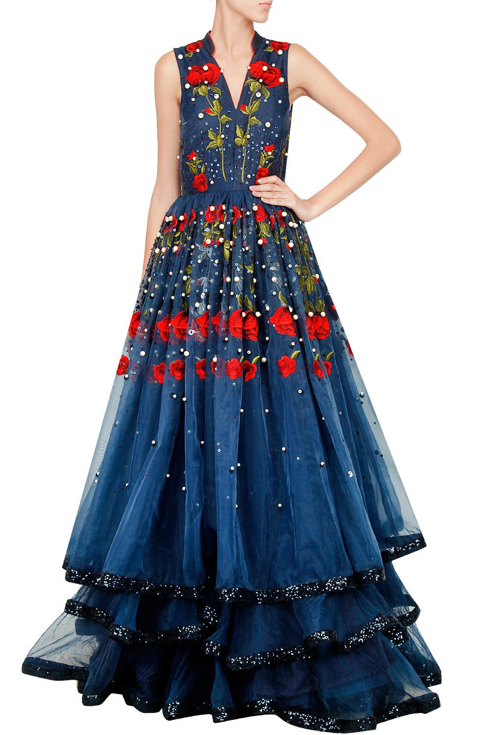 Blue flared embroidered gown