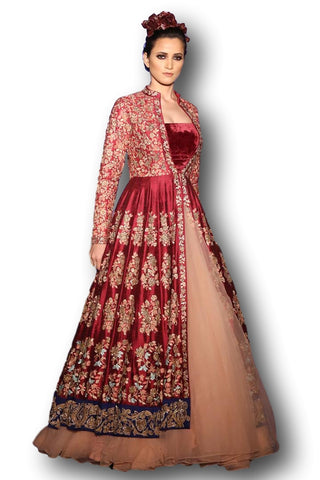 Red Organza Mughal Polash Long Jacket With Bustier And Crushed Red Far –  Debyani
