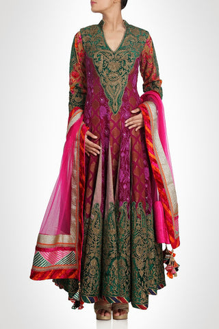 pink and green anarkali frock suit
