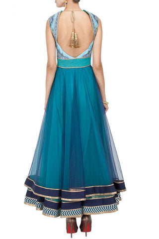 Turquoise and blue shaded anarkali suit